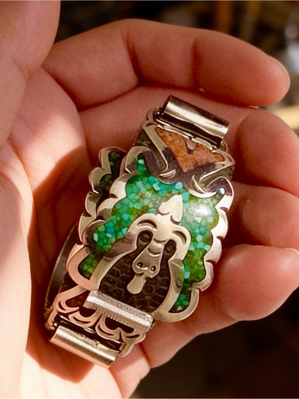 Men’s Sterling Navajo Turquoise/Coral Inlay Thunderbird Tips/Band Signed SD - Picture 7 of 14